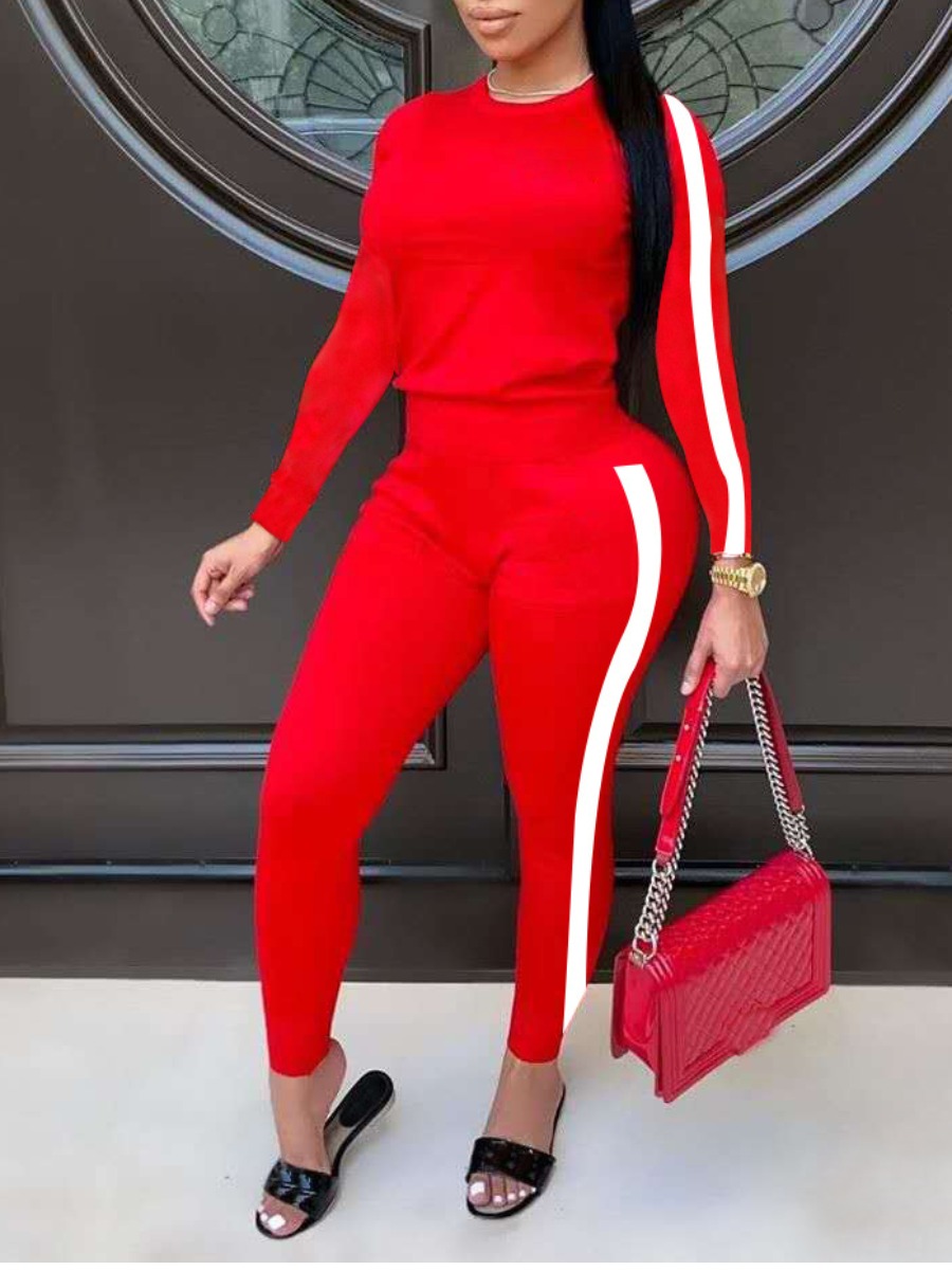 

lovely Sportswear O Neck Patchwork Red Two Piece Pants Set