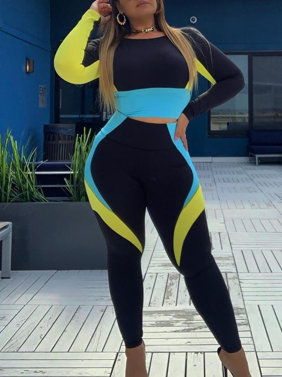 

Lovely Sportswear O Neck Patchwork Black Two Piece Pants Set