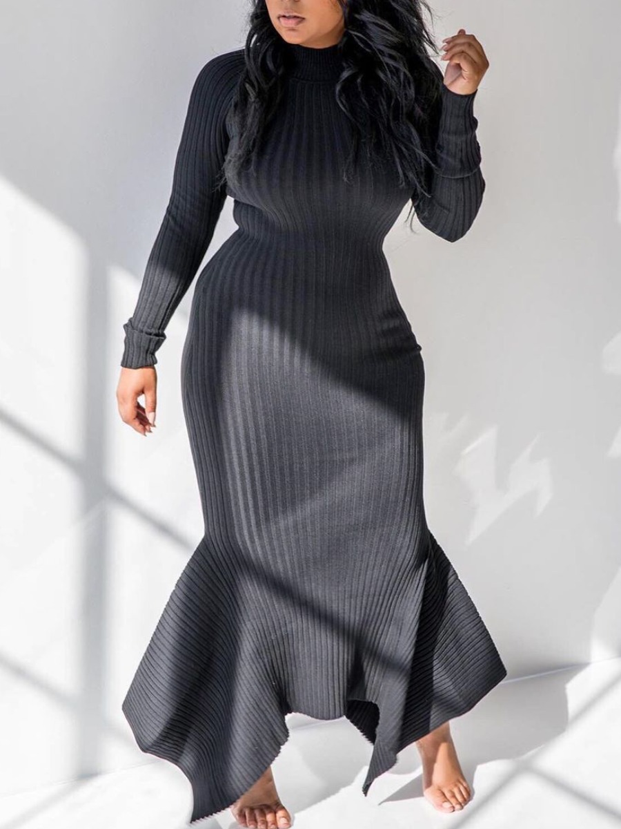 

lovely Casual Half A Turtleneck Striped Asymmetrical Black Maxi Dress