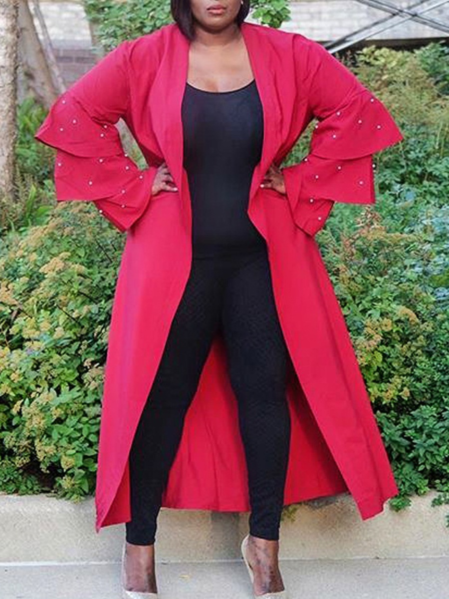

lovely Stylish Rivet Decorative Red Long Coat