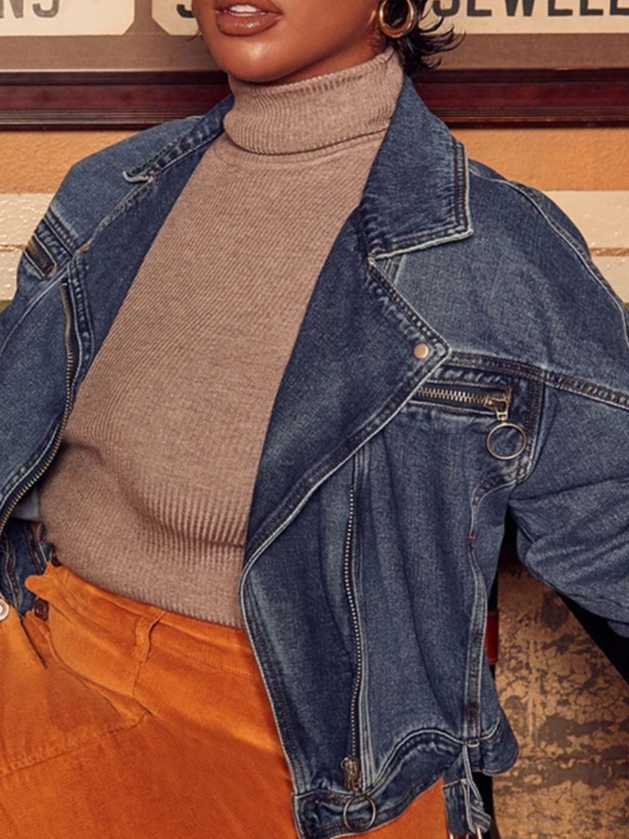 

lovely Trendy Turndown Collar Zipper Design Blue Denim Jacket