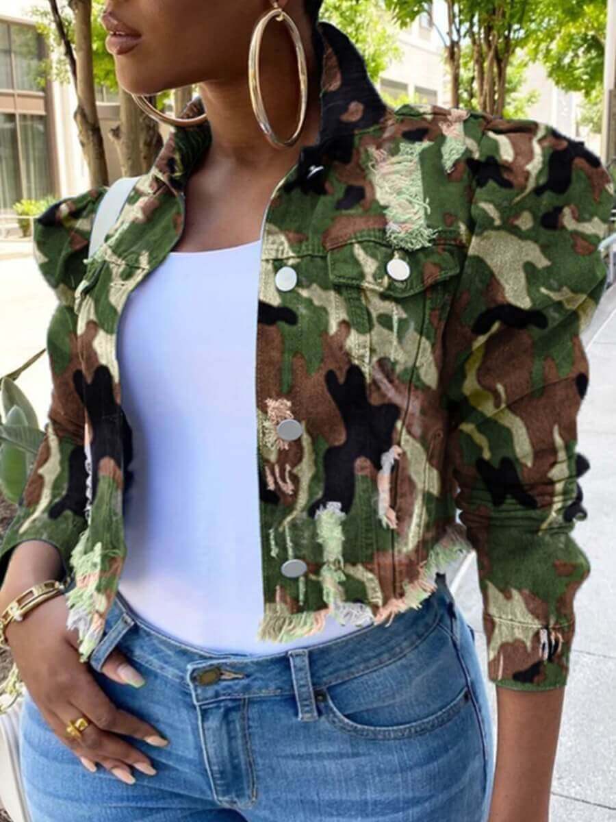 

Lovely Leisure Turndown Collar Camo Print Denim Jacket