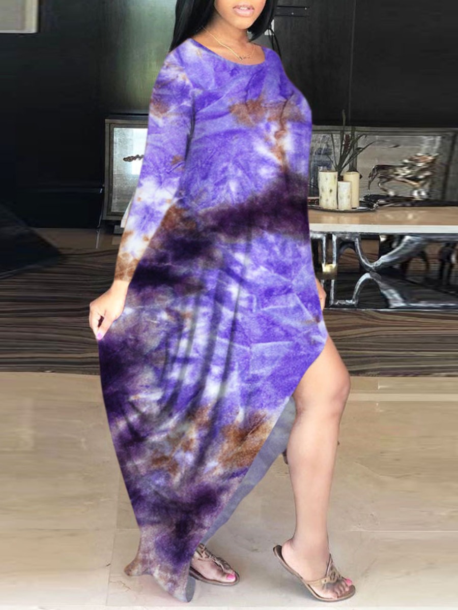 

Lovely Casual O Neck Tie-dye Purple Ankle Length Plus Size Dress