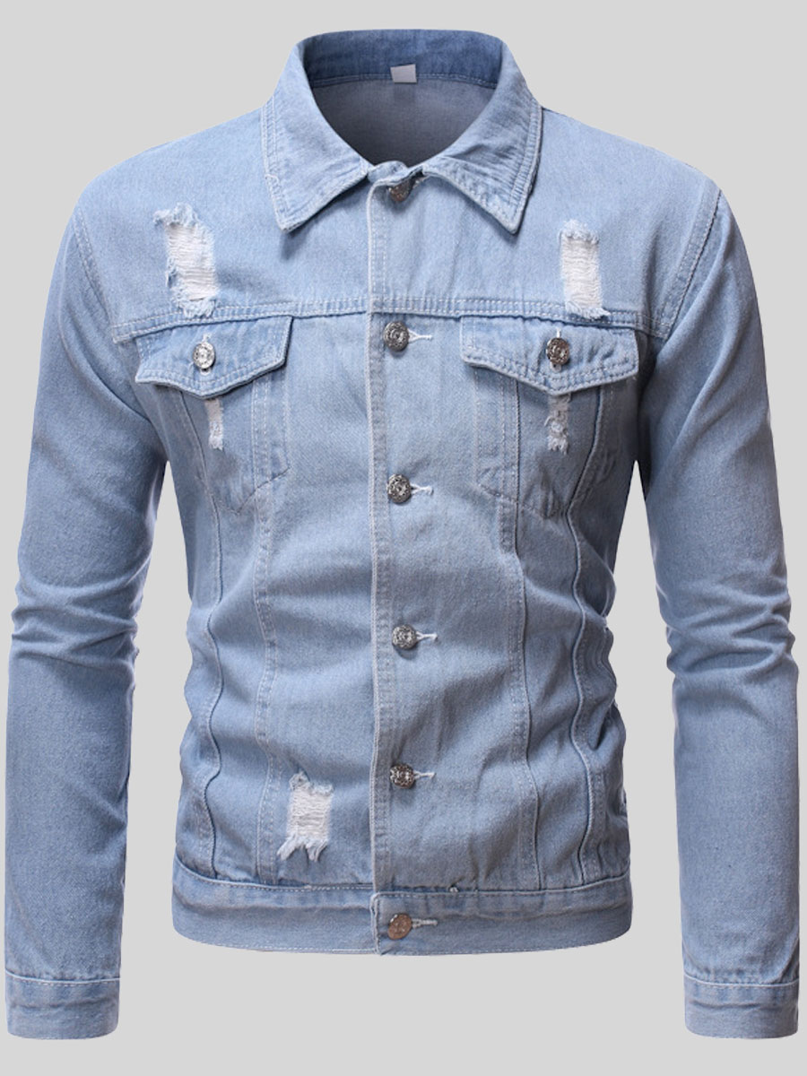 

Lovely Trendy Turndown Collar Buttons Design Baby Blue Men Denim Jacket