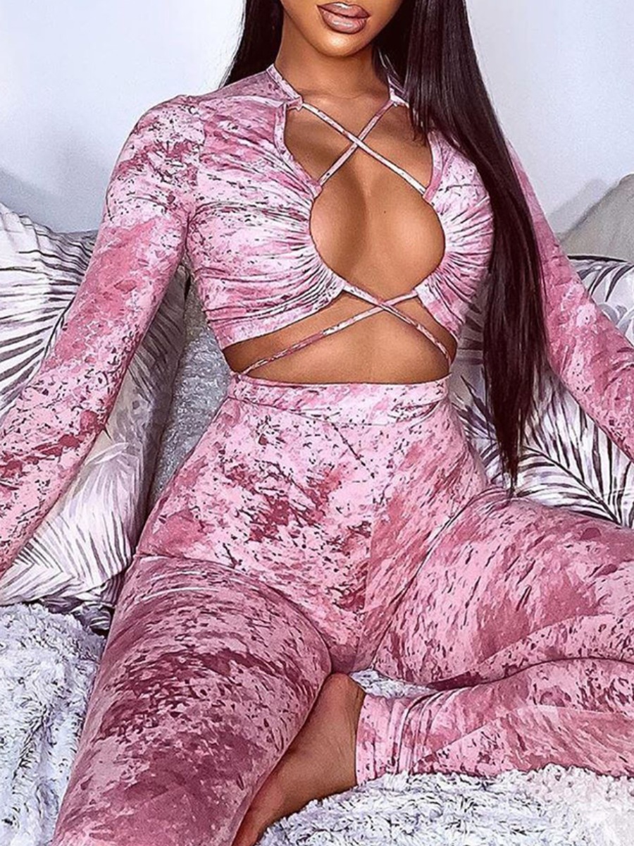 

lovely Trendy Print Bandage Design Dusty Pink Two Piece Pants Set