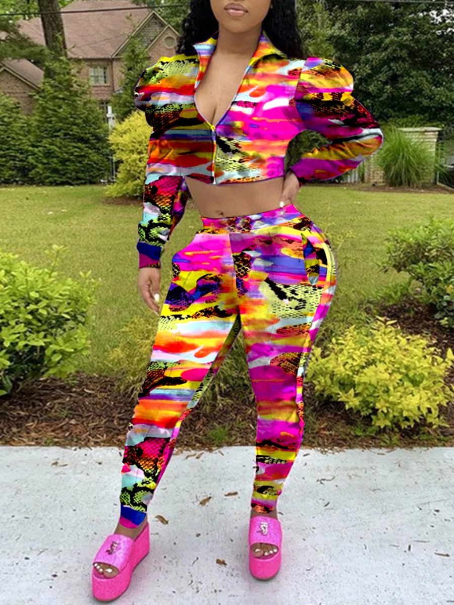 

lovely Trendy Turndown Collar Print Multicolor Two Piece Pants Set, Multi