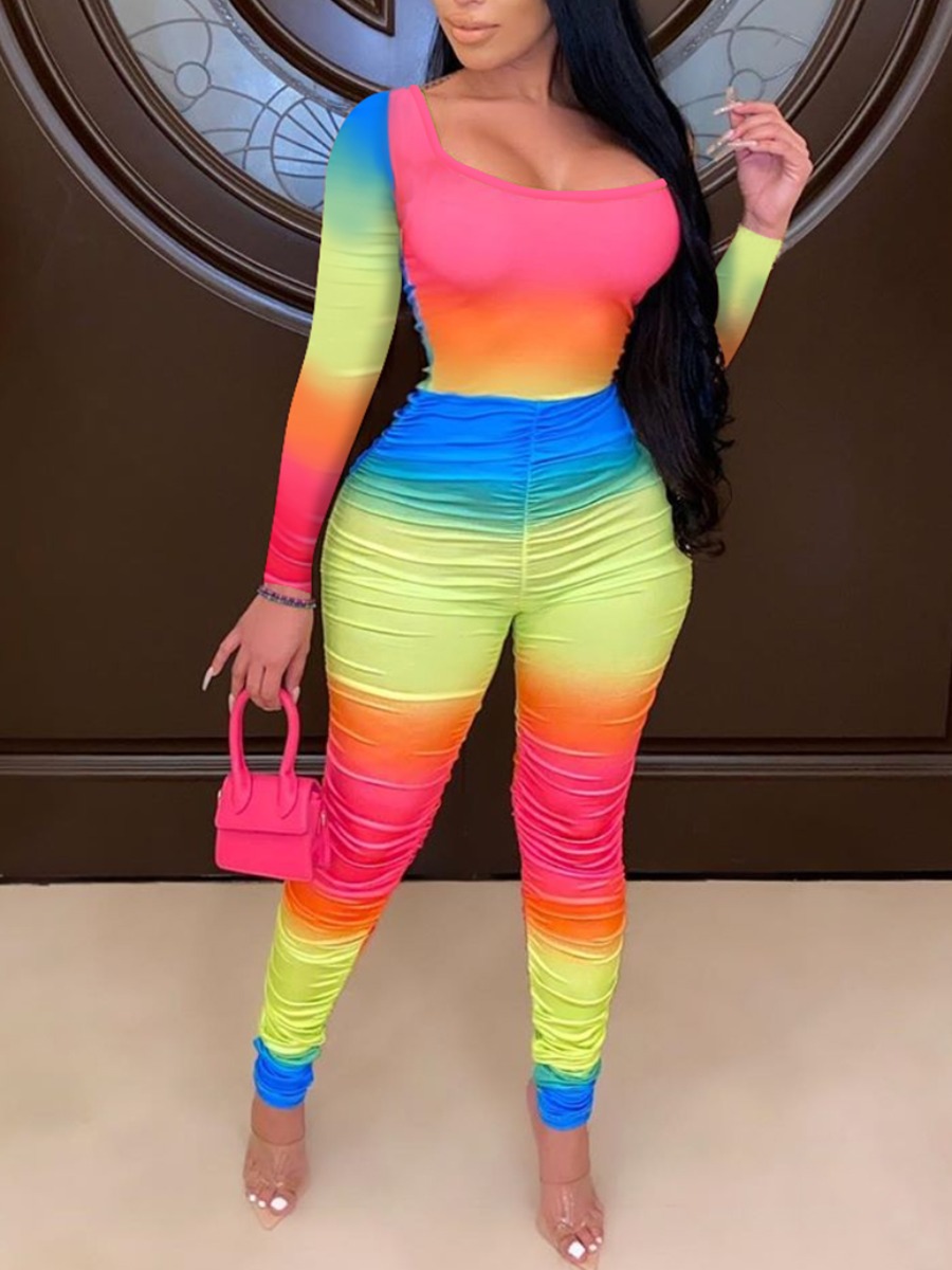 

LW Gradient Tie-dye Ruched Rainbow Jumpsuit, Yellow