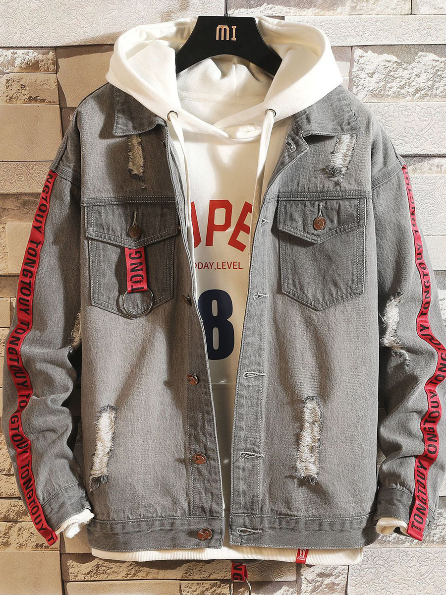 

lovely Street Turndown Collar Patchwork Broken Holes Grey Men Denim Jacket