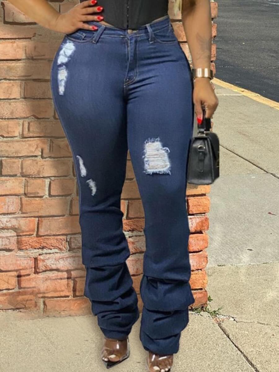 

Lovely Trendy Broken Holes Heap Deep Blue Jeans