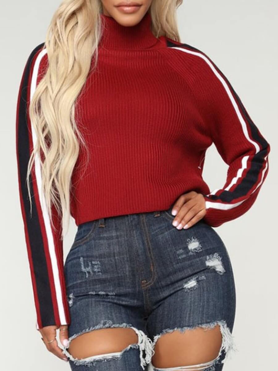 

Lovely Trendy Turtleneck Patchwork Red Sweater