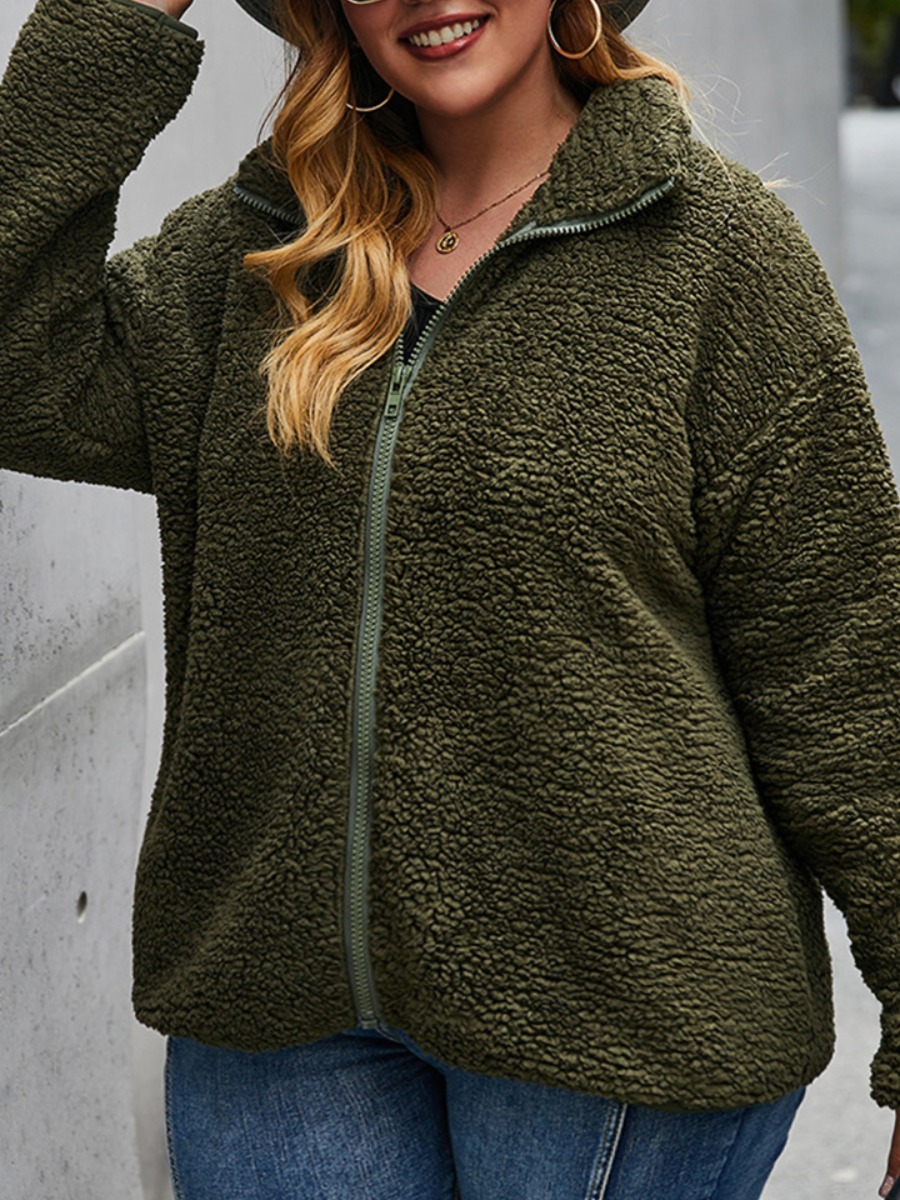 

lovely Trendy Turndown Collar Zipper Design Army Green Plus Size Coat
