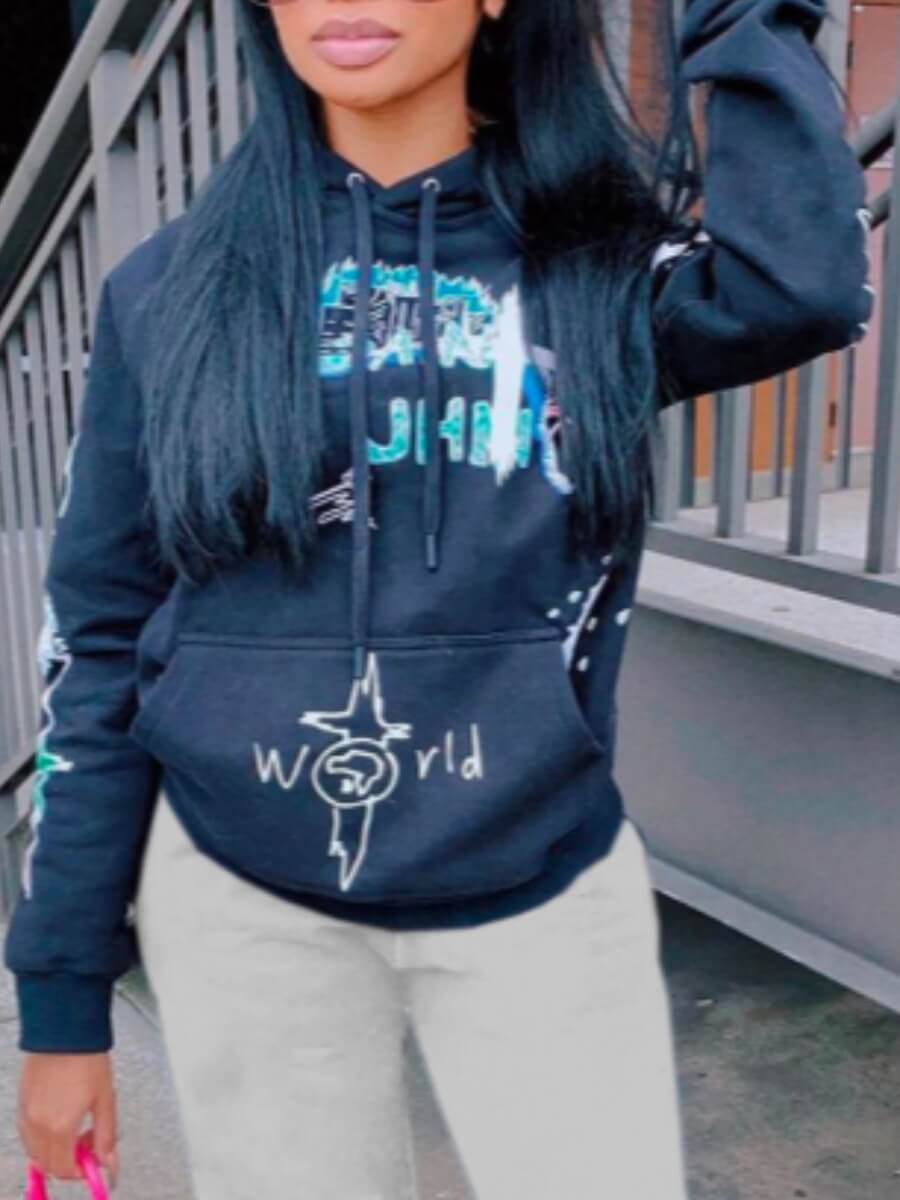 

LW Street Hooded Collar Print Black Hoodie