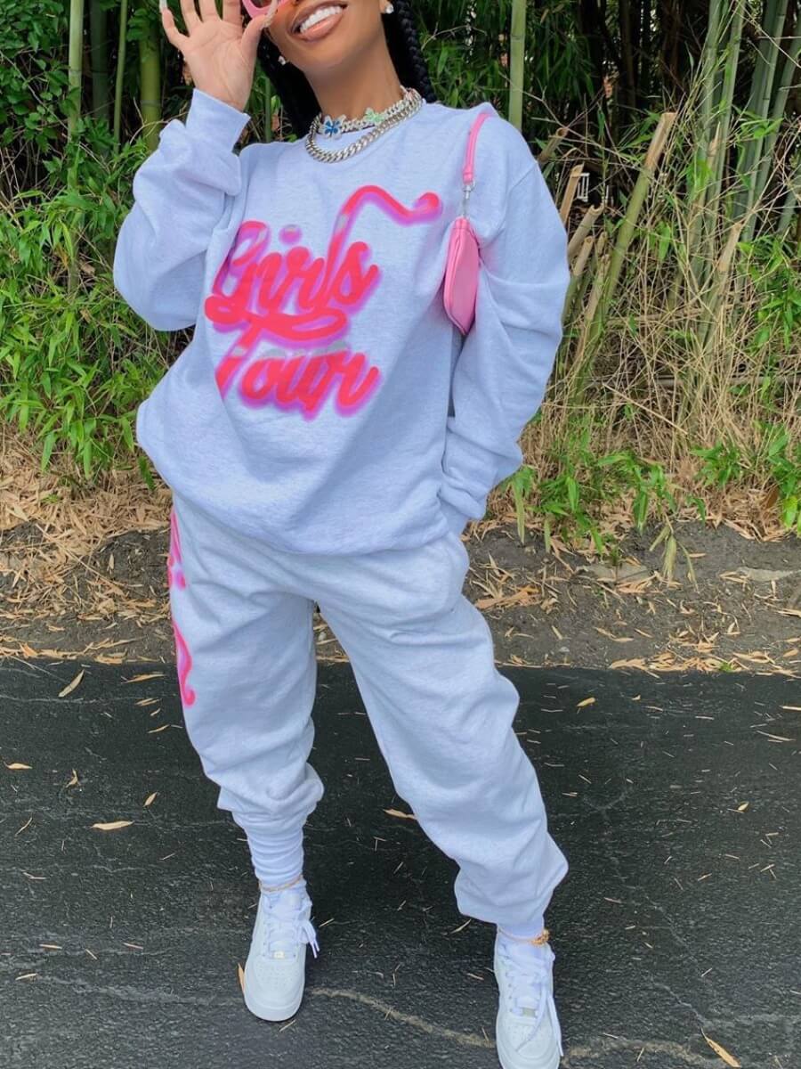 

LW Sportswear O Neck Letter Print Grey Two Piece Pants Set