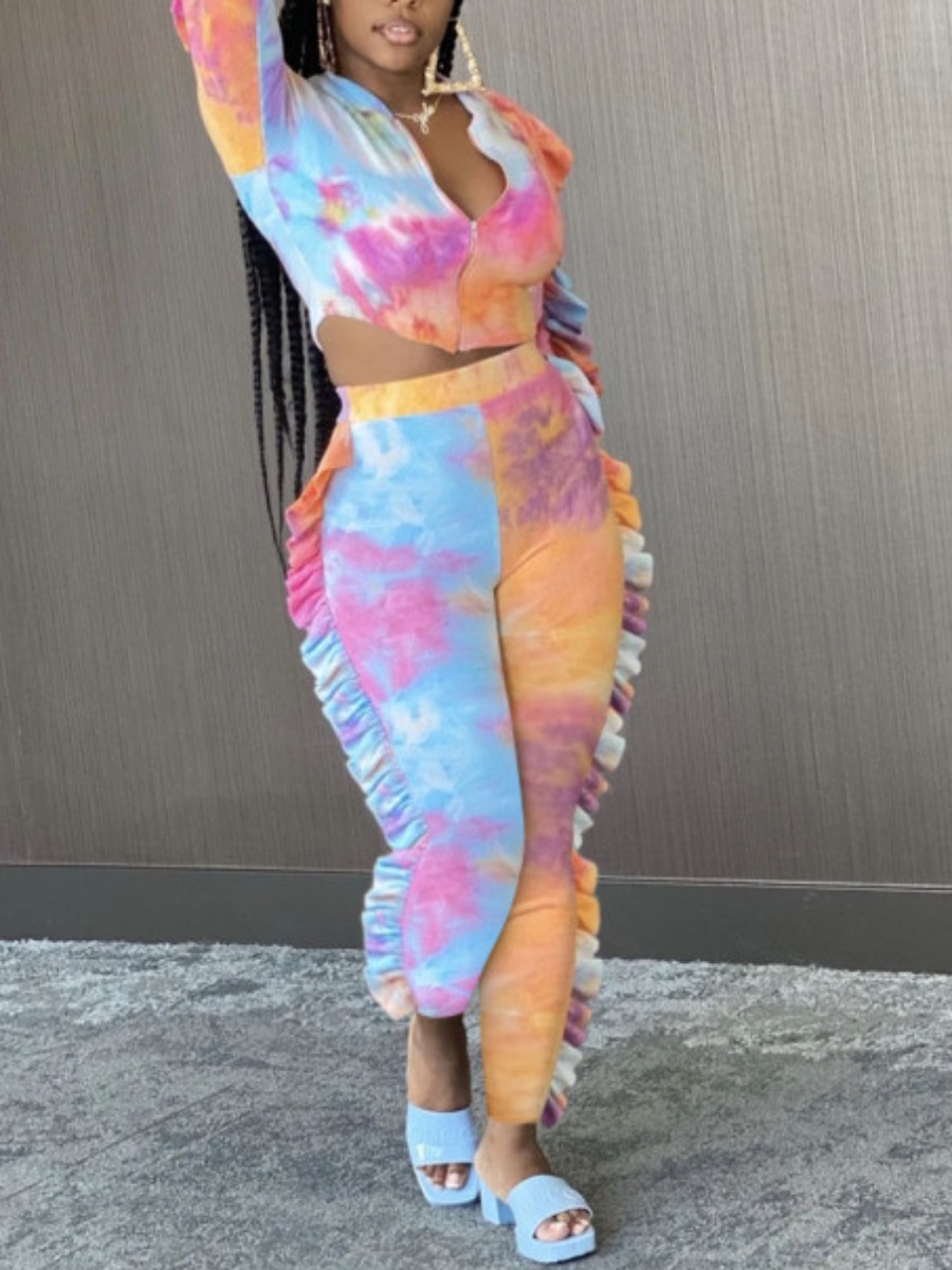 

lovely Street Tie Dye Zipper Design Multicolor Two Piece Pants Set, Multi
