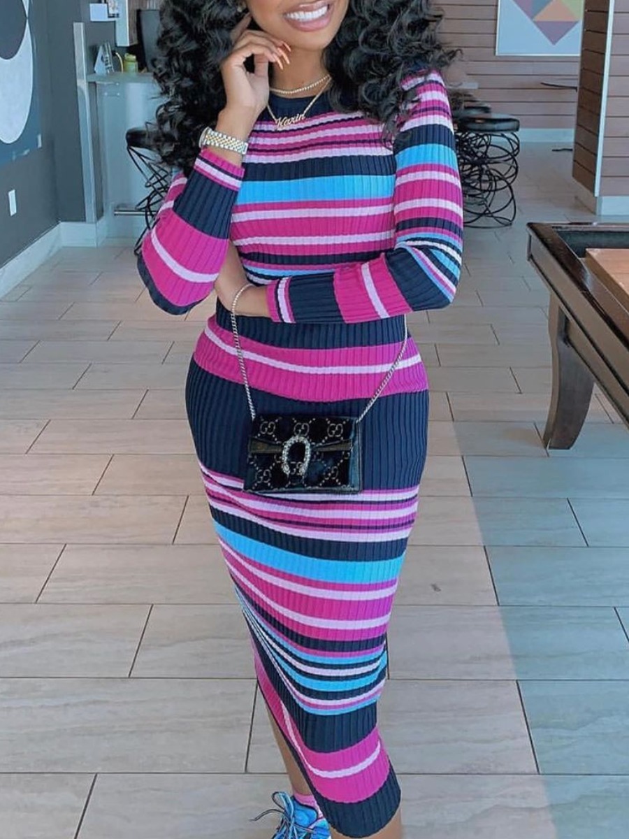 

lovely Street O Neck Striped Multicolor Mid Calf Dress, Multi