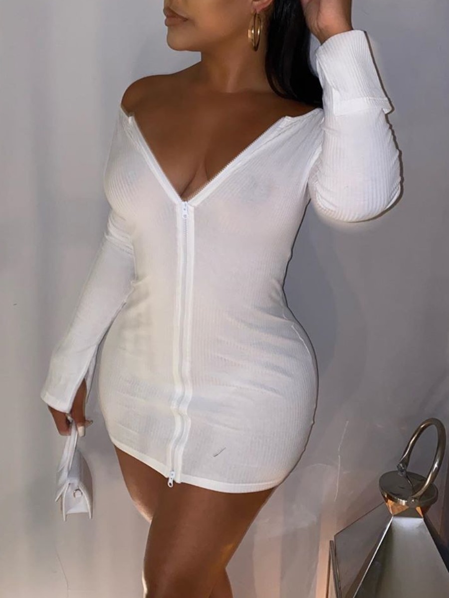 

lovely Sexy V Neck Zipper Design White Mini Dress