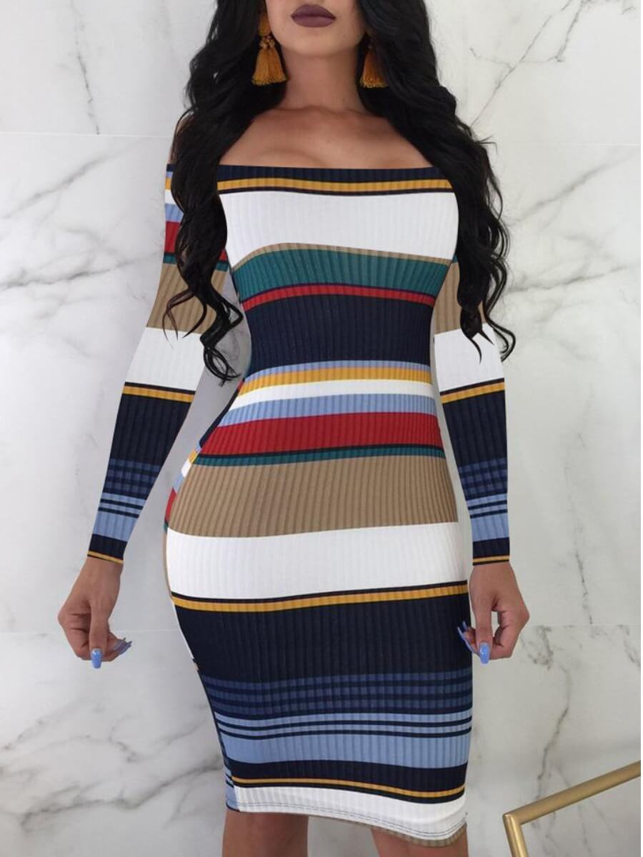 

Lovely Stylish Dew Shoulder Striped Blue Knee Length Dress, Blue stripe