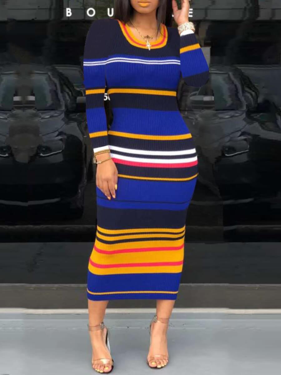 

Lovely Casual U Neck Striped Blue Mid Calf Dress