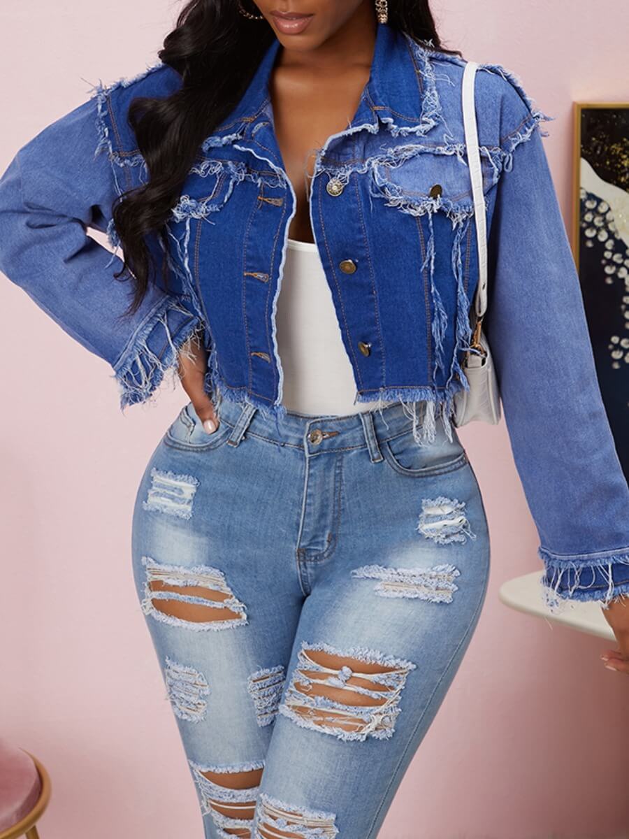 

Lovely Trendy Turndown Collar Patchwork Blue Denim Jacket