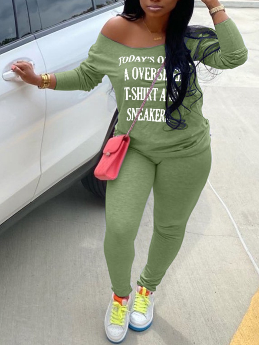 

lovely Casual Letter Print Green Plus Size Two-piece Pants Set