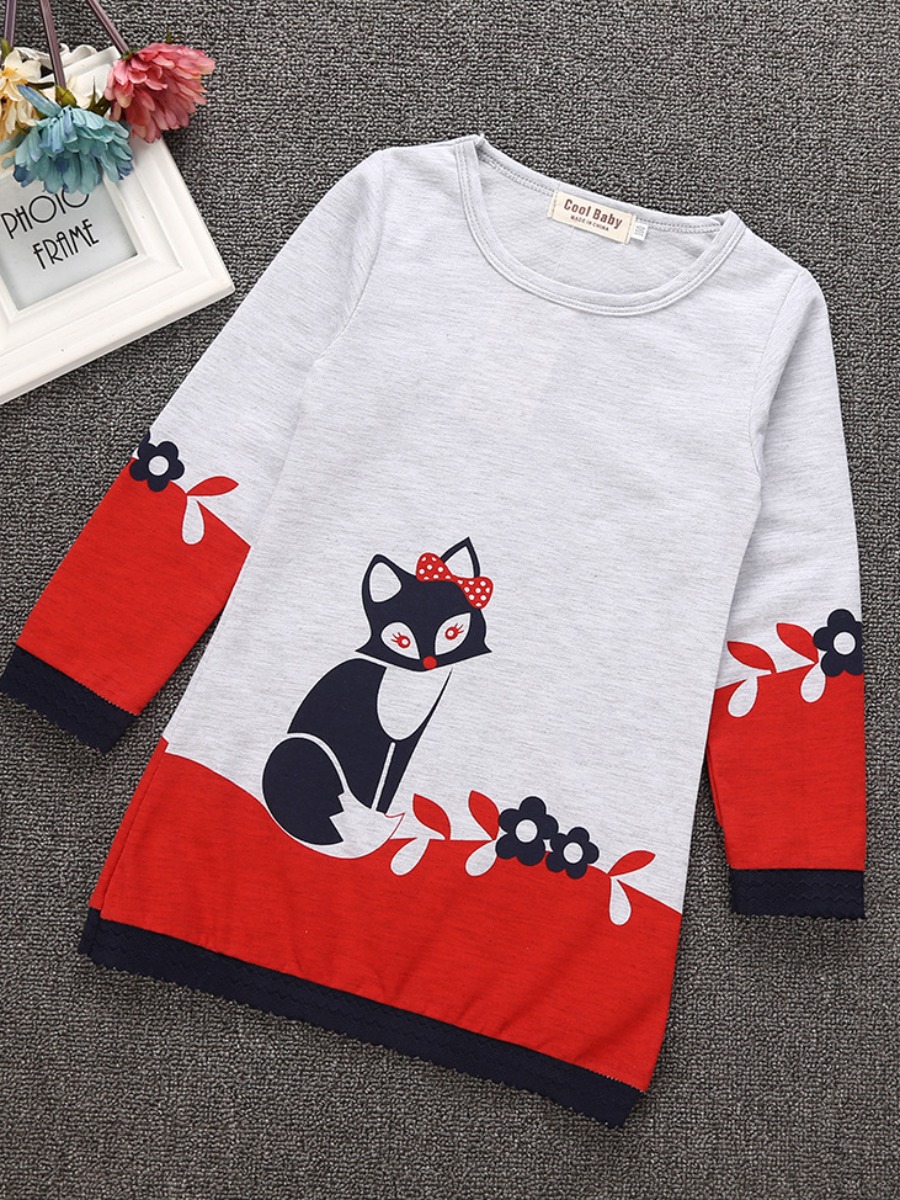 

lovely Sweet O Neck Cartoon Print Red Girl Knee Length Dress