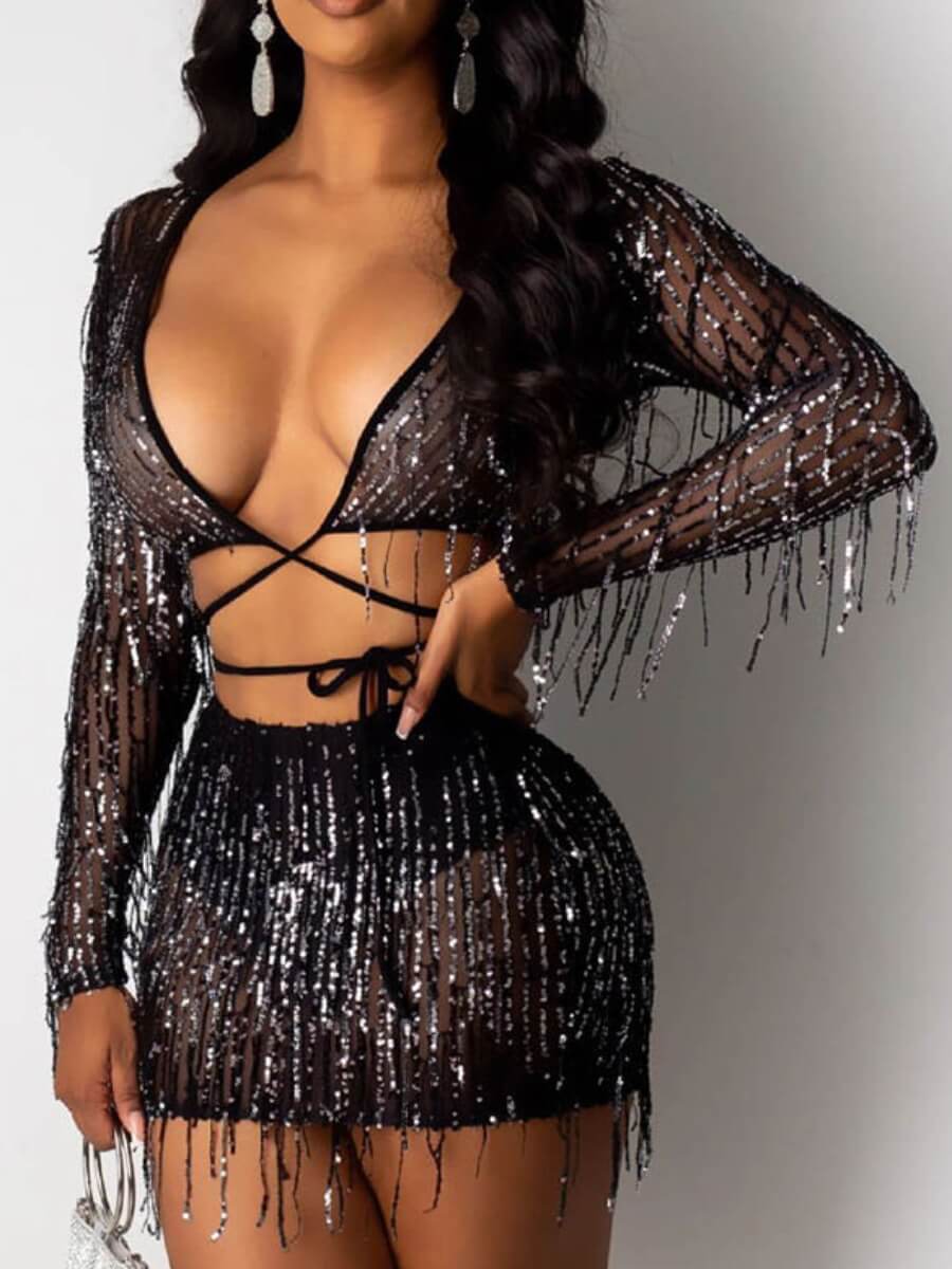 

LW SXY Tassel Design Black Two-piece Skirt Set