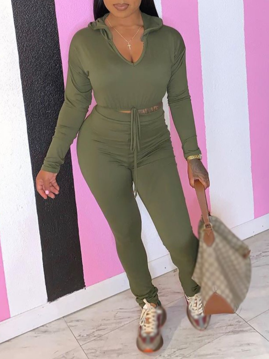 

lovely Sportswear Hooded Collar Basic Green Two Piece Pants Set