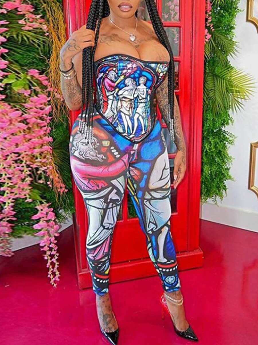 

Lovely Trendy Dew Shoulder Print Blue One-piece Jumpsuit