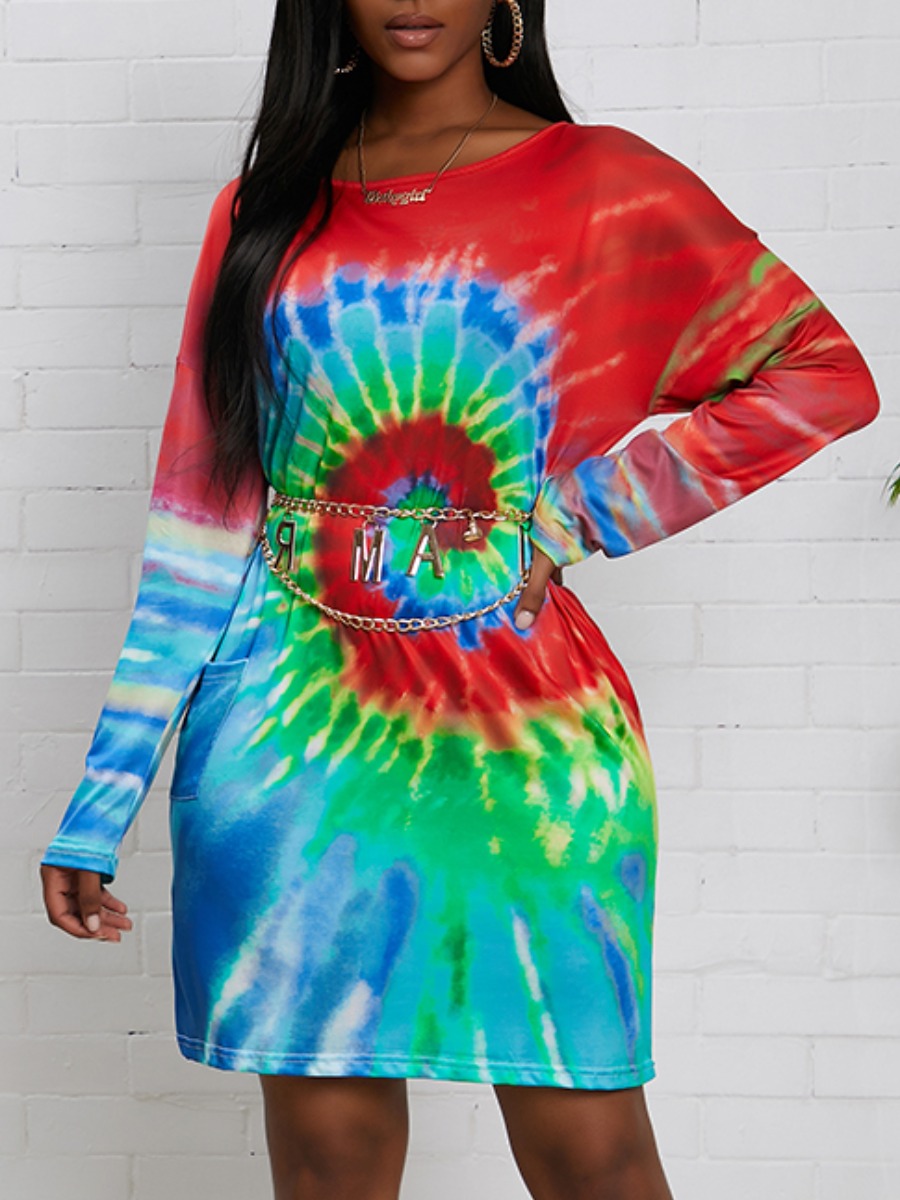 

lovely Street O Neck Tie-dye Red Knee Length Dress