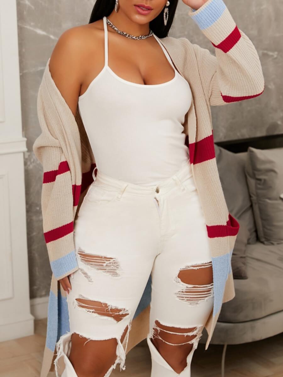 

Lovely Leisure Striped Loose Khaki Long Cardigan
