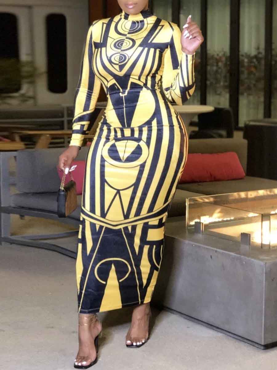 

lovely Stylish Print Yellow Ankle Length Plus Size Dress