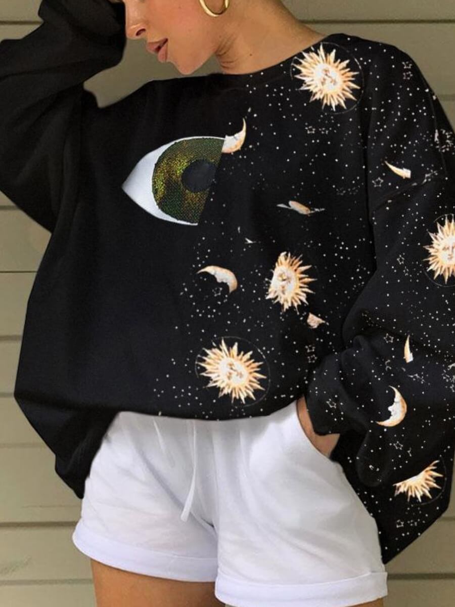 

Lovely Stylish O Neck Print Patchwork Black Hoodie