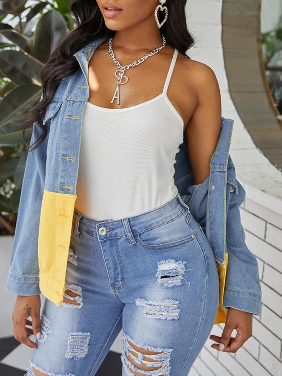 

Lovely Trendy Turndown Collar Patchwork Yellow Denim Jacket
