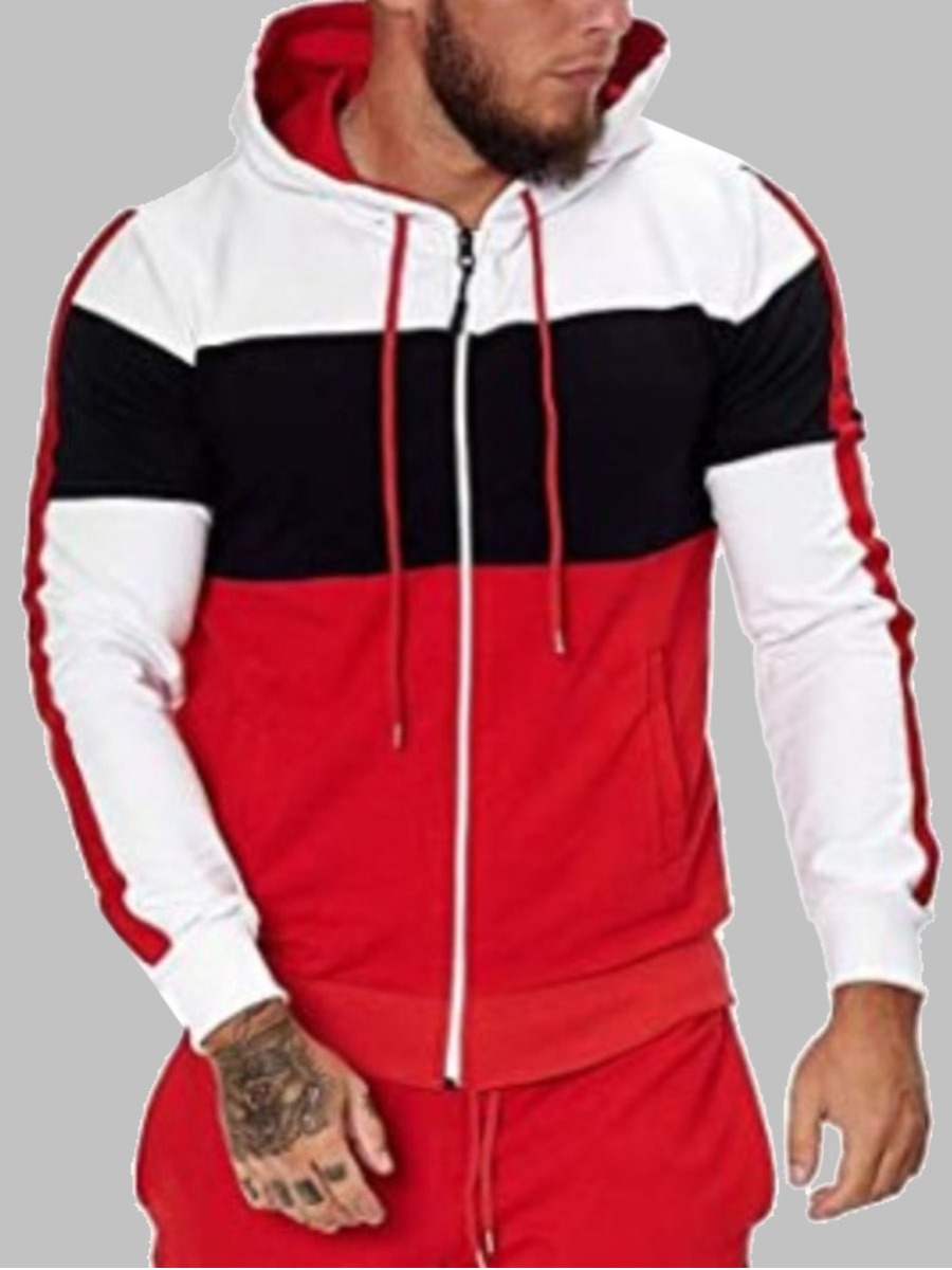 

lovely Trendy Hooded Collar Color-lump Patchwork Red Men Hoodie