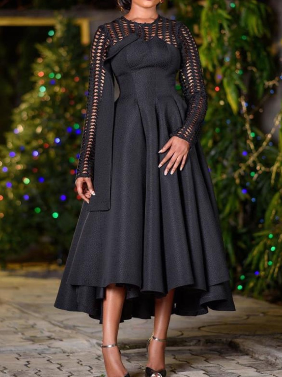 

lovely Trendy O Neck Patchwork Black Mid Calf Dress