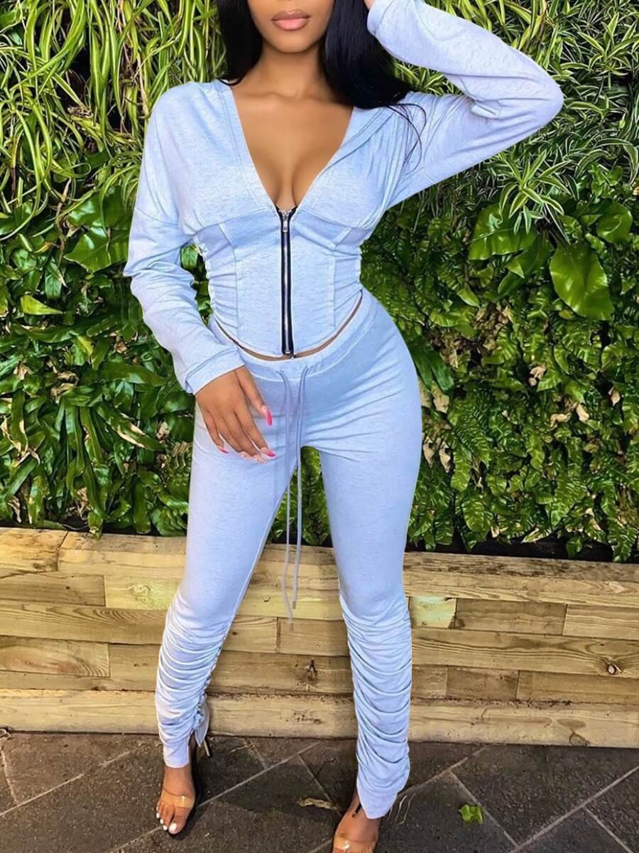 

Lovely Sportswear Hooded Collar Zipper Design Grey Two Piece Pants Set