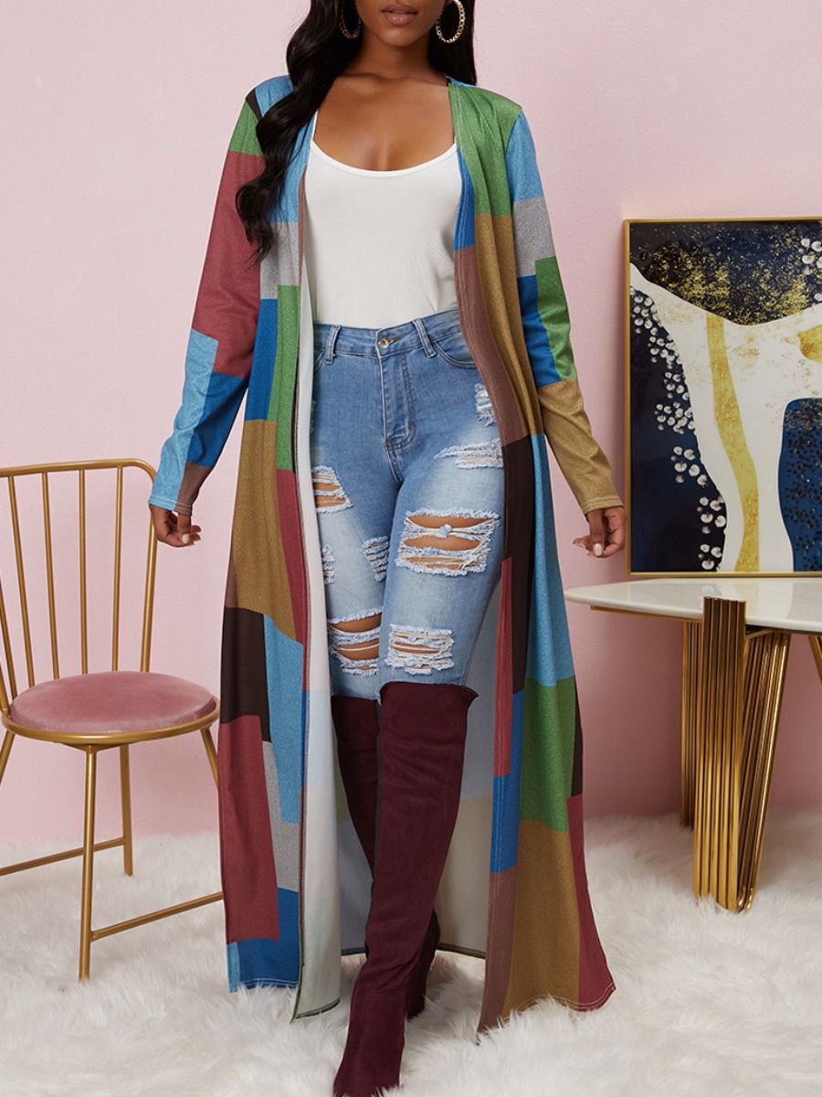 

lovely Casual Color-lump Patchwork Multicolor Long Trench Coat, Multi
