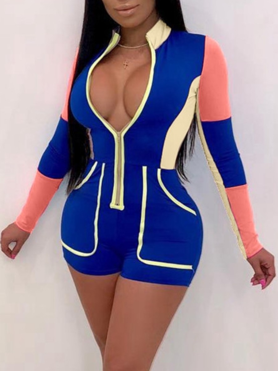 

lovely Sportswear Zipper Design Patchwork Blue One-piece Romper