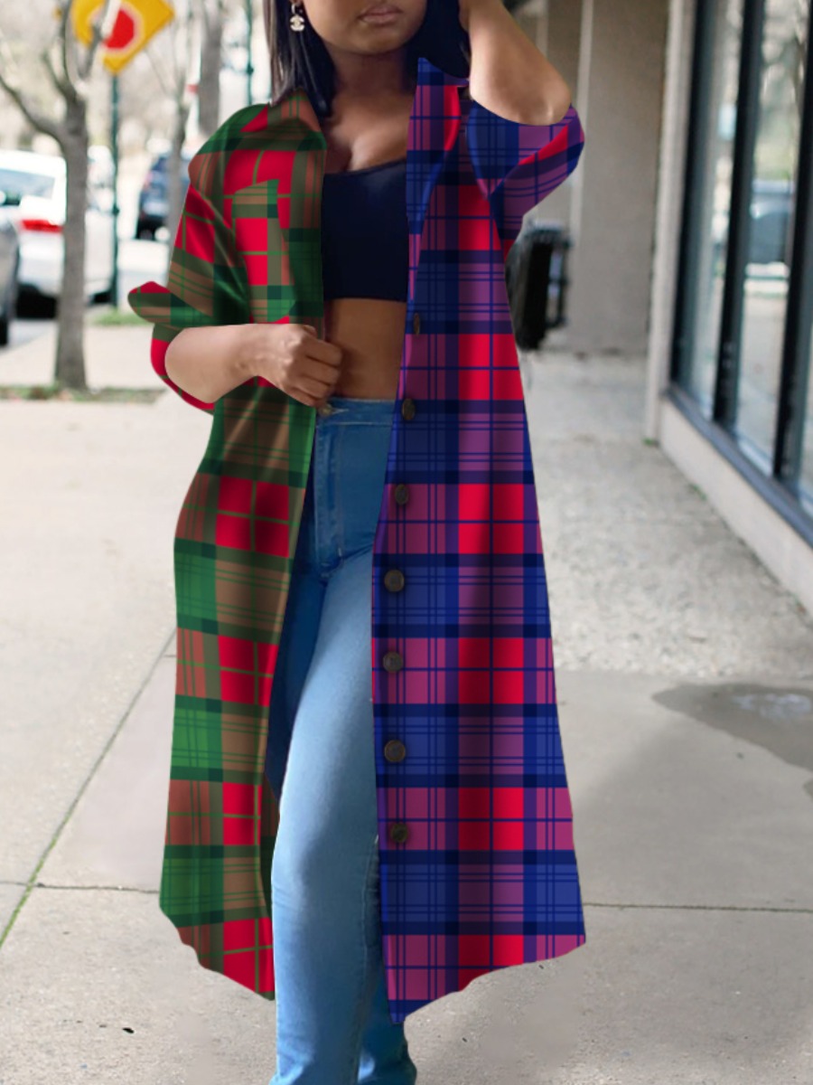 

Lovely Stylish Turndown Collar Grid Print Red Long Coat