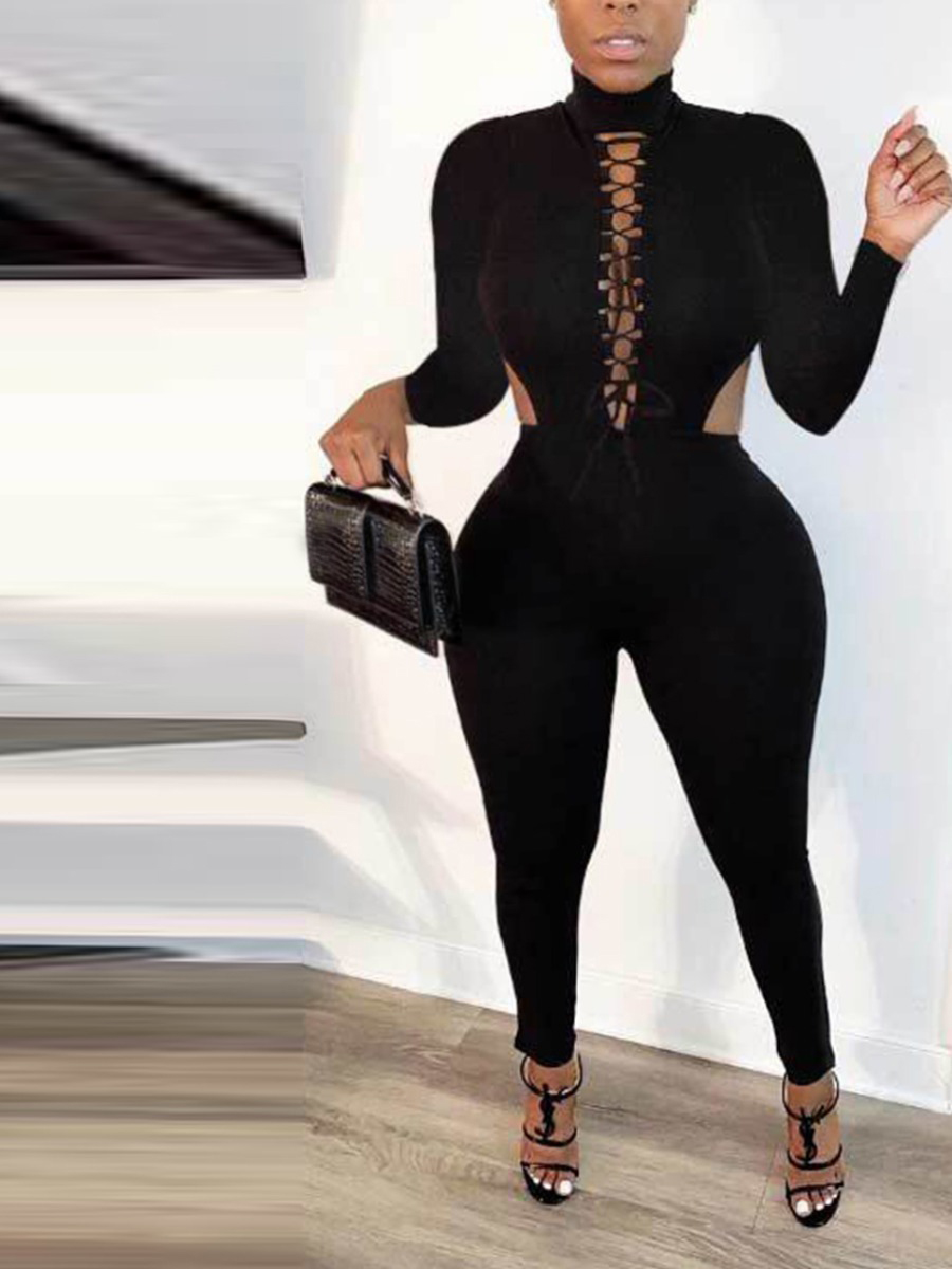 

lovely Sexy Turtleneck Hollow-out Black One-piece Jumpsuit