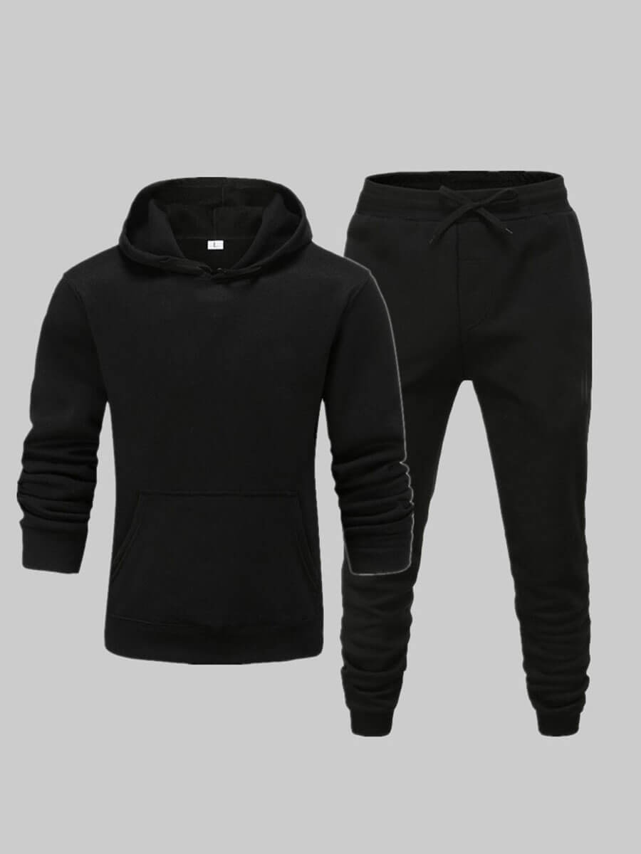 LW BASICS Men Casual Hooded Collar Black Two-piece Pants Set