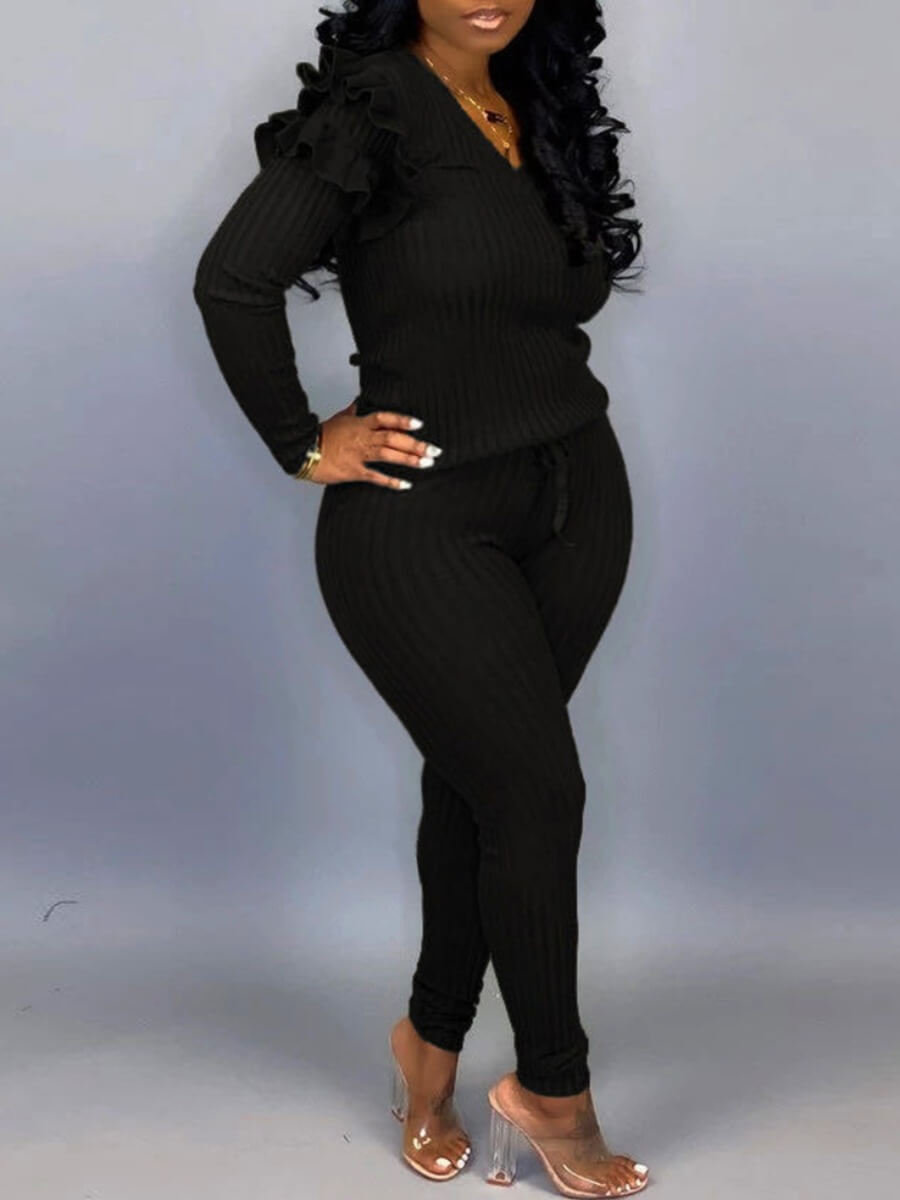 

Lovely Plus Size Trendy V Neck Striped Black Two-piece Pants Set
