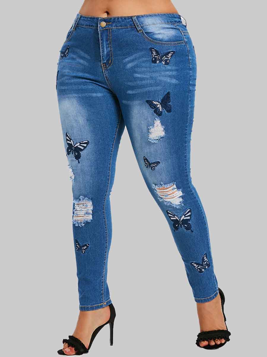 

Lovely Stylish Butterfly Broken Holes Blue Plus Size Jeans