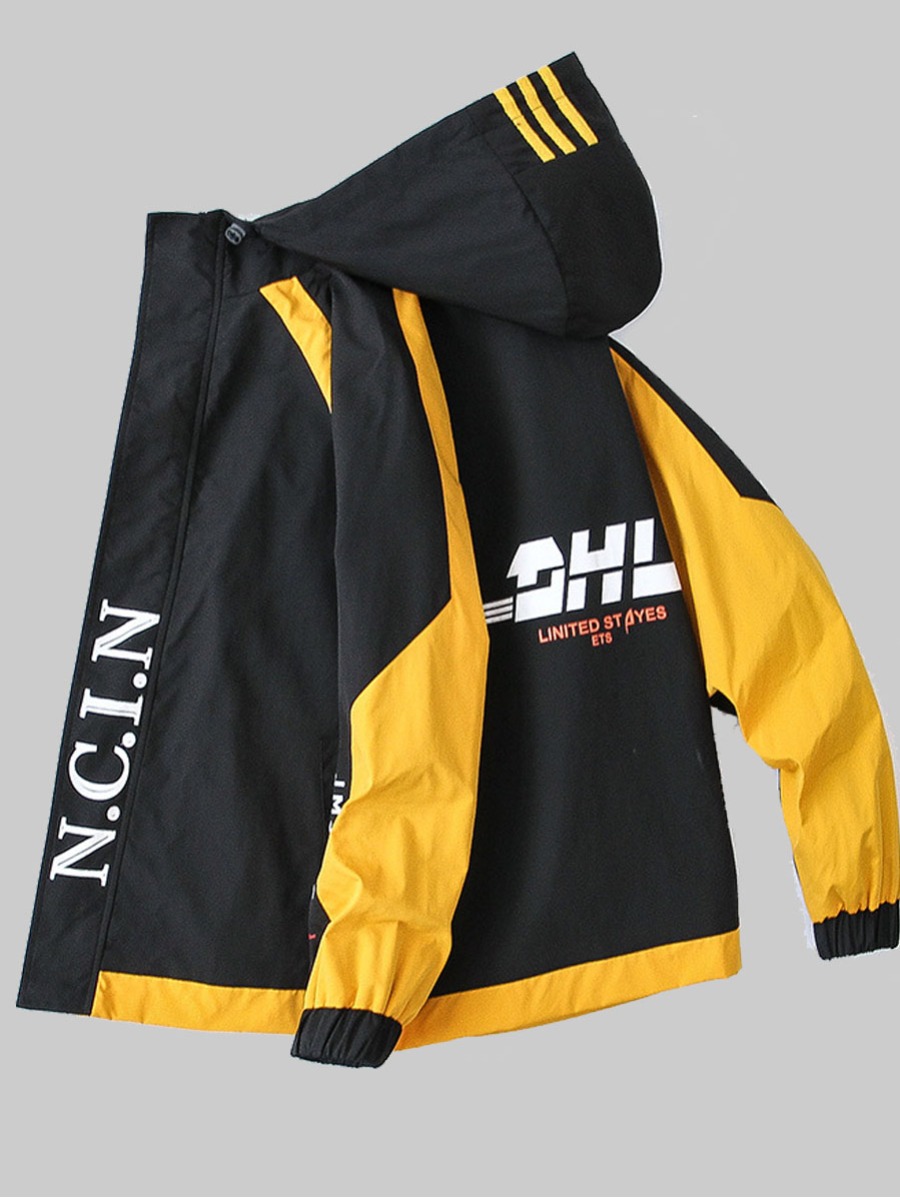 

lovely Trendy Hooded Collar Letter Patchwork Black Men Jacket