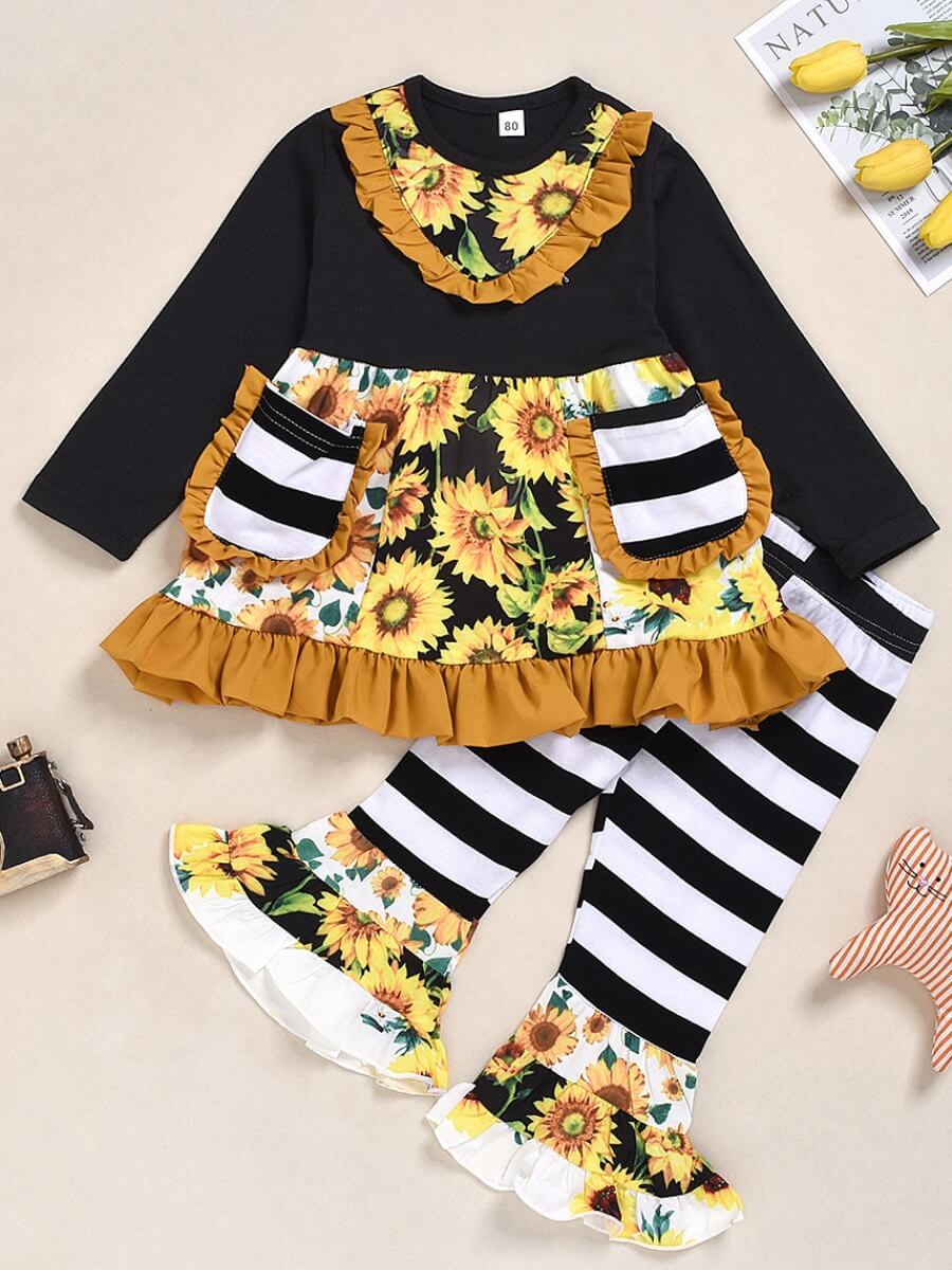 

Lovely Sweet O Neck Print Patchwork Black Girl Two-piece Pants Set