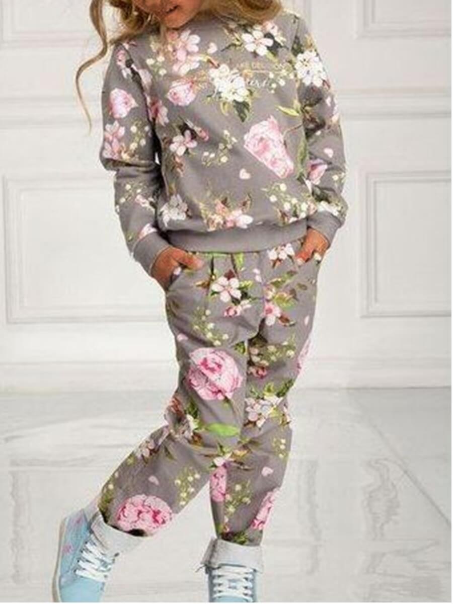 

Lovely Sweet O Neck Plants Print Lighr Grey Girl Two-piece Pants Set, Light grey