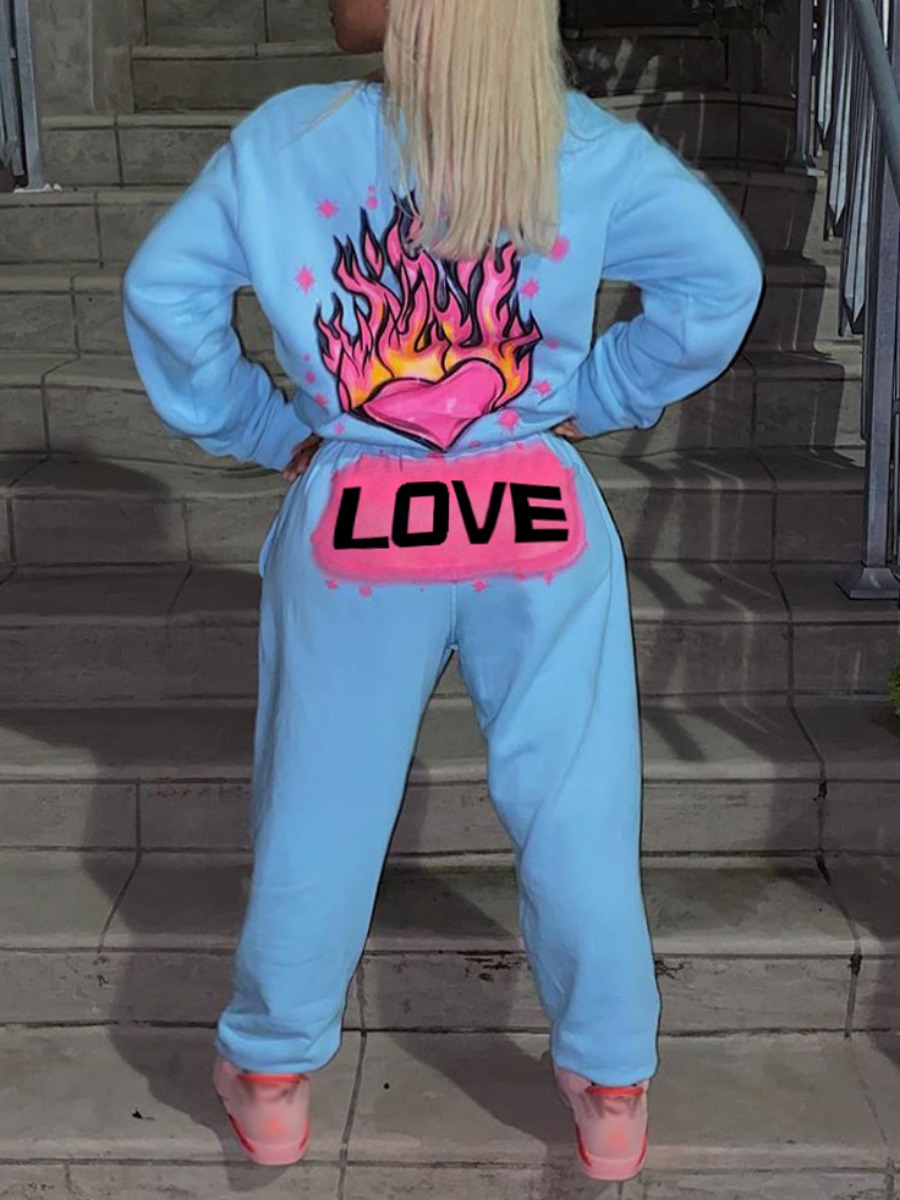 

LW Sweat Letter Heart Print Pullover Pants Set, Blue