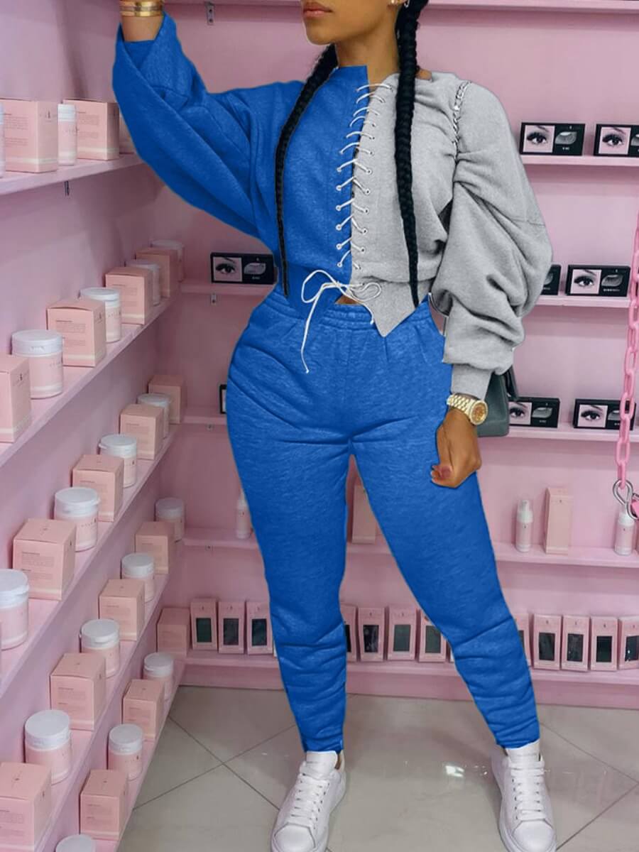 

LW Bandage Design Patchwork Crop Top Sweatsuit Set, Blue
