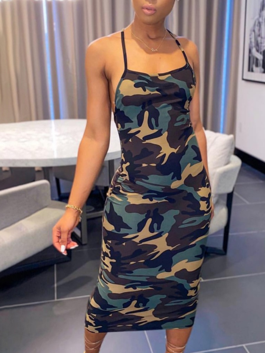 

lovely Stylish Spaghetti Strap Camo Print Skinny Purple Mid Calf Dress