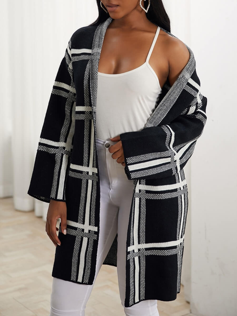 

Lovely Casual Grid Print Loose Black Long Cardigan